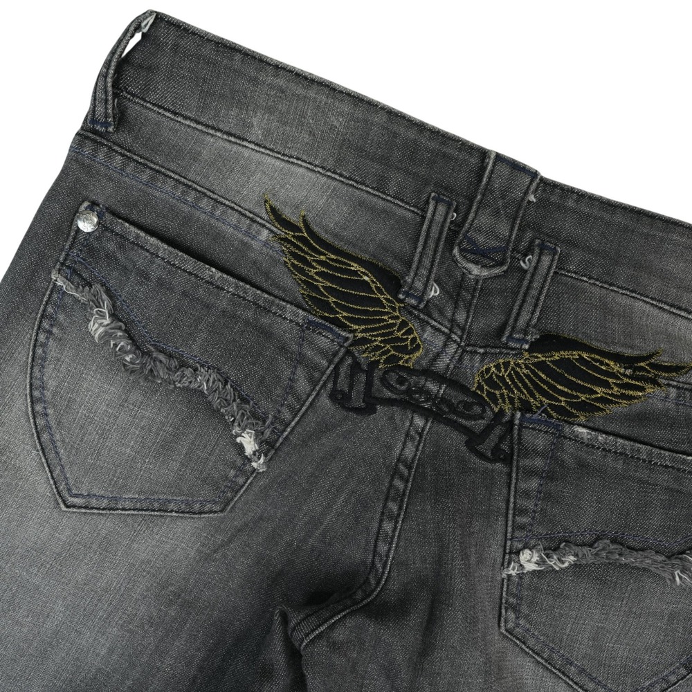 Denim Rock Jeans Women 5 Gray Low Rise Slim Straight Wing Embroidered Y2K Grunge